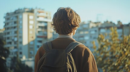 a young man wearing a brown jacket and backpack is standing in front of a tall building. concept of 