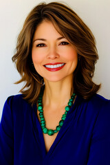 Wall Mural - Portrait of a smiling woman with brown hair, wearing a blue blouse and a green necklace.