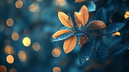 Wall Mural - A leafy branch with a blue background and yellow leaves