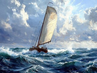 Poster - Sailboat on the Ocean: A Dramatic Seascape Painting