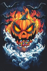 Poster - Scary Pumpkin Jack-o'-Lantern with Candy and Bats