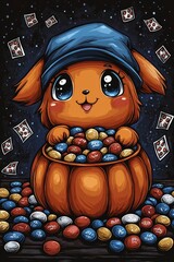 Wall Mural - Cute Cartoon Character Holding a Pumpkin Full of Candy