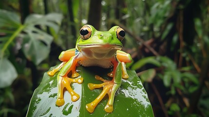 A vibrant green tree frog clinging to a wet leaf in a dense rainforest