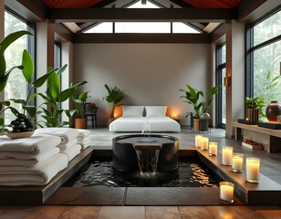 Wall Mural - A serene spa interior featuring a tranquil water fountain, neatly arranged towels, and aromatic candles flickering softly, surrounded by lush green plants and wooden accents create with ai