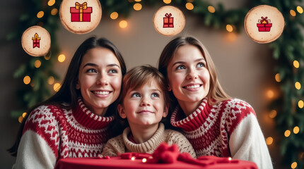 The couple and their two children gaze upward with joyful anticipation, imagining presents amidst a warm and cozy holiday backdrop decorated with lights