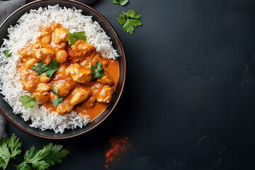 Wall Mural - Indian chicken with basmati rice in a bowl and spices on the black background