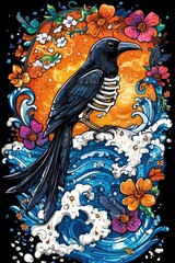 Poster - Raven on Waves with Floral Design