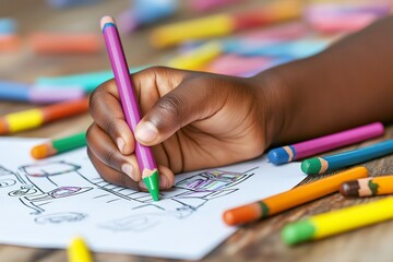 A child\'s hands using colorful crayons to create artwork on paper in a cozy indoor setting during a creative afternoon