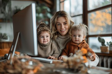 A woman enjoys quality time with her two children at home while working at the computer on a cozy autumn day