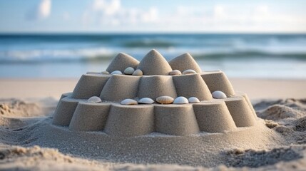 Poster - A sand castle on the beach with shells and a sea, AI