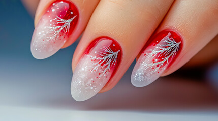 Close-up of natural nails painted with simple Christmas style gel polish.