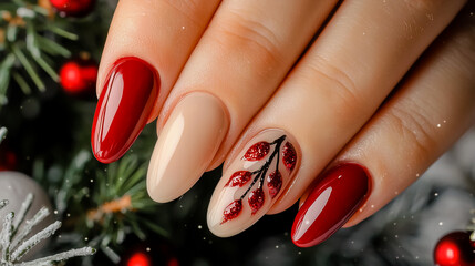 Close-up of natural nails painted with simple Christmas style gel polish.