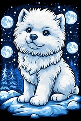 Poster - Cute White Puppy Under the Moonlight