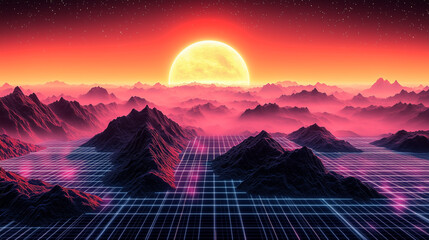 Vibrant Sunset Over a Surreal Grid Based Landscape Surrounded by Mountains and Mist