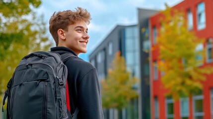 Wall Mural - A young man with a backpack walking down the street, AI