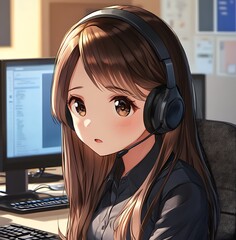 Canvas Print - Anime girl gamer with headphones at computer, digital art illustration