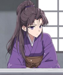 Poster - Anime girl with purple eyes and long purple hair in a purple kimono, sitting at a table