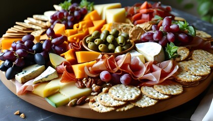 Wall Mural - Gourmet Charcuterie Board Showcasing Cheeses, Sliced Meats, Fresh Fruits, Crackers, Olives, and Nuts