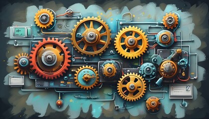 Wall Mural - Stylized doodle illustration symbolizing programming functions, showcasing a machine with cogs and wheels representing the mechanics of coding and software development