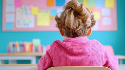 Canvas Print - A little girl sitting in a chair with her back to the camera, AI