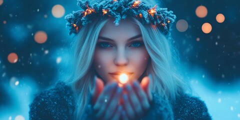 Portrait of a woman wearing a frosted wreath, holding a glowing light in her hands on a snowy background. Pagan New Year and winter solstice celebration concept.