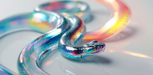 Wall Mural - 3D render holographic chrome Y2K element. Liquid chrome, vintage element. A snake with a rainbow colored body is laying on a white surface. The snake is made of glass and has a metallic sheen.