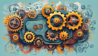 Wall Mural - Stylized doodle illustration symbolizing programming functions, showcasing a machine with cogs and wheels representing the mechanics of coding and software development