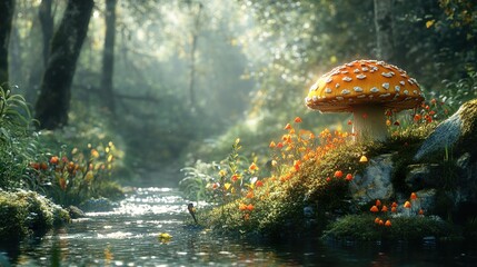 Wall Mural - Enchanted Forest Stream with Giant Mushroom