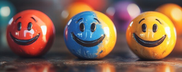 Three vibrant smiley faces grinning against a dark backdrop