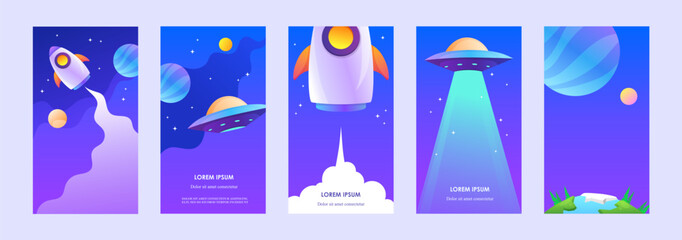 Wall Mural - set of cosmic abstract banners. templates for stories. vector illustration. blue space. ufo, rocket 