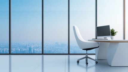 Canvas Print - A white desk with a chair and computer in front of the window, AI