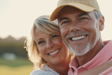 Joyful close-up of smiling couple enjoying a sunny day outdoors, capturing happiness and togetherness