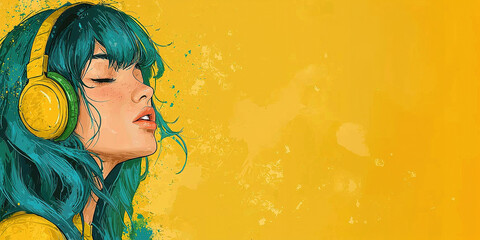 Young woman listening music yellow background illustration