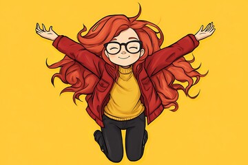 Poster - Happy cartoon girl with red hair jumping for joy on yellow background