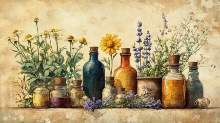 Charming watercolor of an herbal apothecary with medicinal plants and vintage bottles in a nostalgic setting. Generative AI