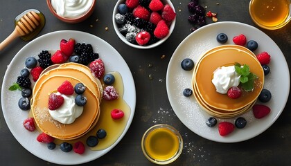 Wall Mural - Delightful Pancake Breakfast Spread with Fresh Berries, Whipped Cream, Honey, and Assorted Fruit Jams