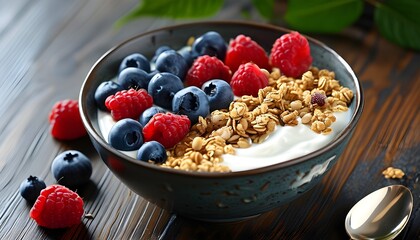 Canvas Print - Nutritious yogurt bowl adorned with fresh raspberries, blueberries, and crunchy granola for an ideal breakfast delight