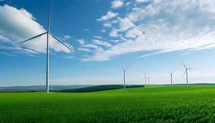 Wall Mural - Sustainable wind turbines in a vibrant green field promoting renewable energy for a cleaner, eco-friendly future