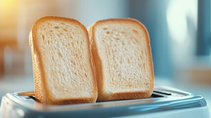 Canvas Print - Two slices of bread are toasting in a small metal toaster, AI