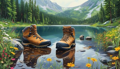 Wall Mural - Hiking Boots by a Serene Lake Amidst Lush Greenery and Wildflowers