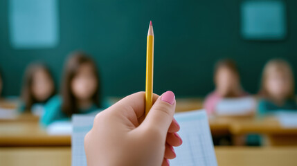 Wall Mural - A person holding a pencil in front of some people, AI