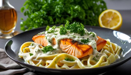 Savory salmon fettuccine adorned with zesty lemon herb cream sauce and fresh parsley garnishes