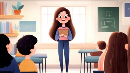 Sticker - A cartoon girl standing in front of a classroom full of students, AI