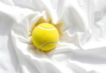 Wall Mural - tennis ball resting on pure white fabric, with subtle wrinkles creating interesting texture contrasts, and a soft light casting gentle shadows around it create with ai