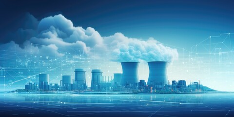 Atomic nuclear reactor and power plant refinery industrial factory with cooling towers or smoke chimney steaming with blue sky background