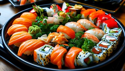 Wall Mural - Artfully arranged diverse sushi platter showcasing a variety of nigiri and rolls, garnished with wasabi, ginger, and fresh herbs on a sleek black tray