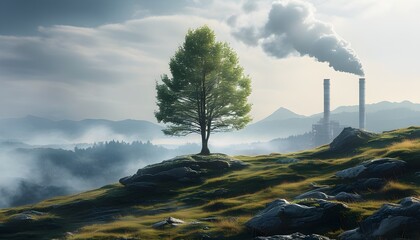 Solitary tree atop misty hill with distant industrial plant releasing smoke in the background