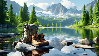 Wall Mural - Hiking Essentials Relaxing by a Serene Mountain Lake Amidst Lush Greenery and Peaceful Reflections