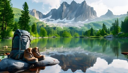 Wall Mural - Hiking Essentials Relaxing by a Serene Mountain Lake Amidst Lush Greenery and Peaceful Reflections