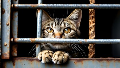 Wall Mural - Hope behind bars: A cats gaze from a shelter cage, emphasizing the urgent need for adoption and the vital role of charity and volunteer efforts for animal welfare.